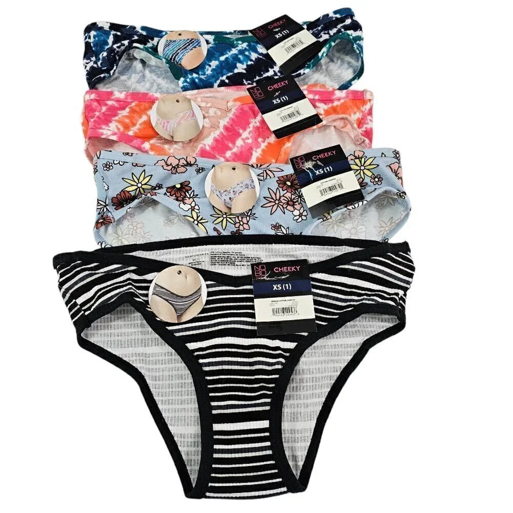 No Boundaries Cotton Floral Tie Dye Stripe Cheeky  4-Pack Panties –Size XS NWT
